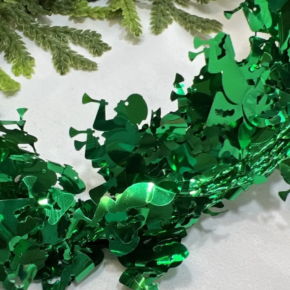 Vintage Green Foil Tinsel Angel Cherub Garland 25 Ft Total Wired Christmas NOS